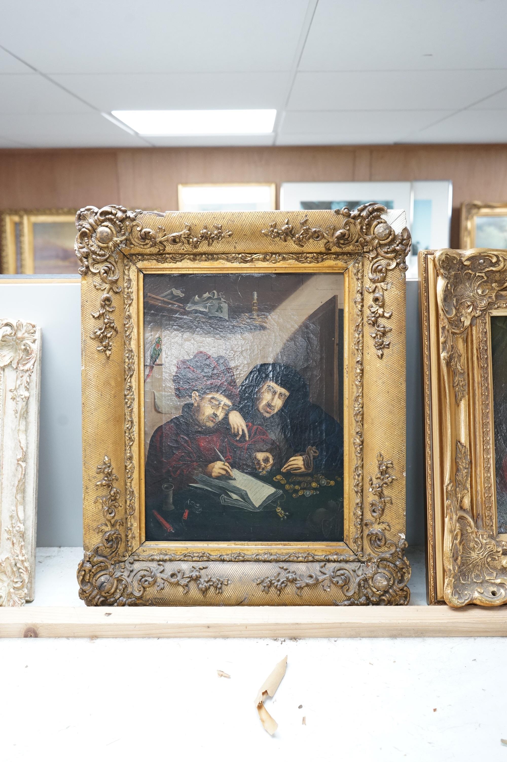 After Marinus van Reymerswaele (Dutch, 1490-1546), Old Master style oil on canvas, ‘The Tax Collectors’, 30 x 22cm, ornate gilt framed (some losses)